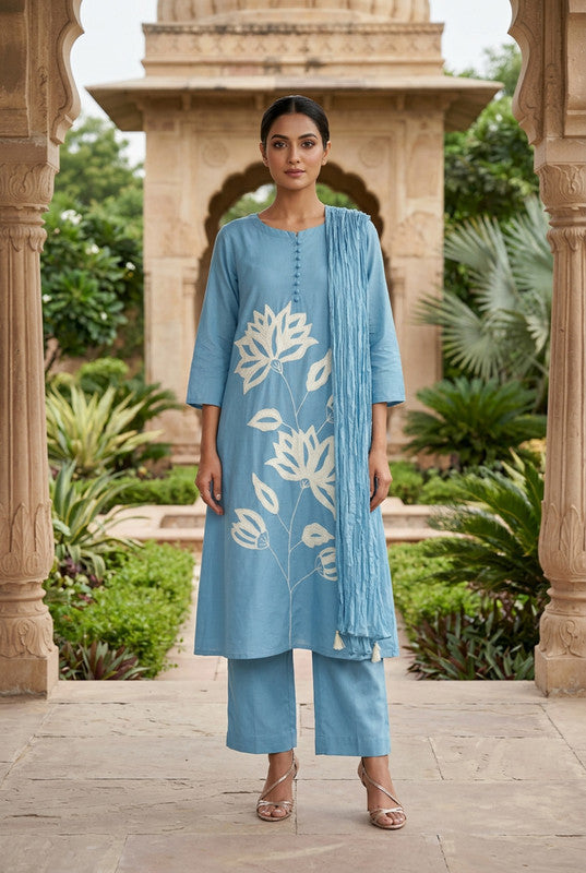 Blue Lotus Placement Embroidered Cotton Kurta Set with Dupatta