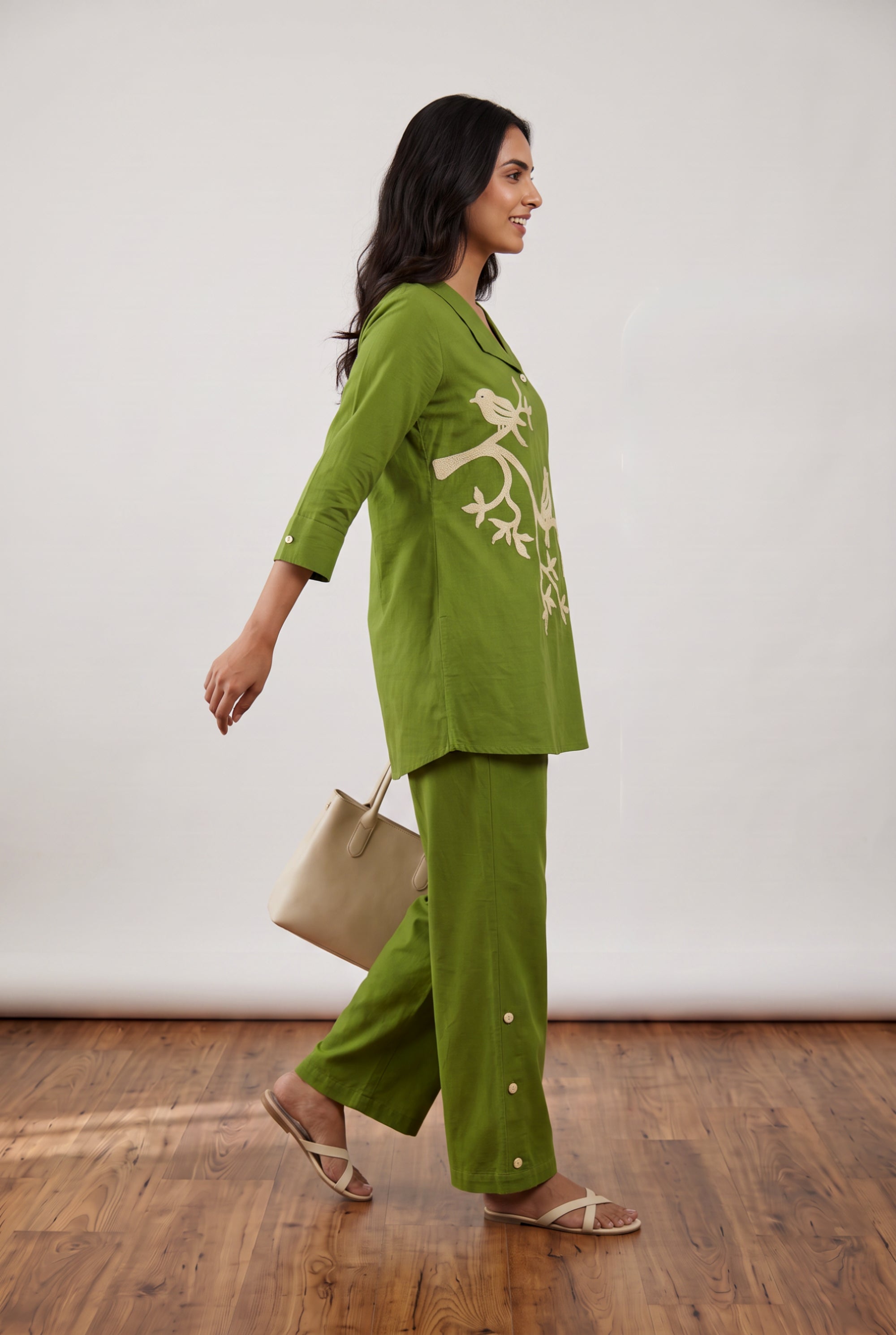 Olive Green Bird Embroidered Cotton Flex Co-ord Set with V-Neck Lapel Collar