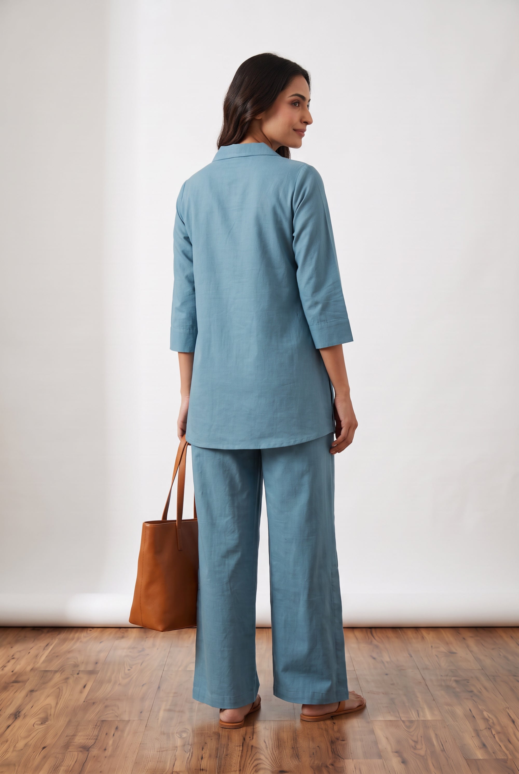 Sky Blue Floral & Bird Embroidered Cotton Flex Co-ord Set with Collared V-Neck