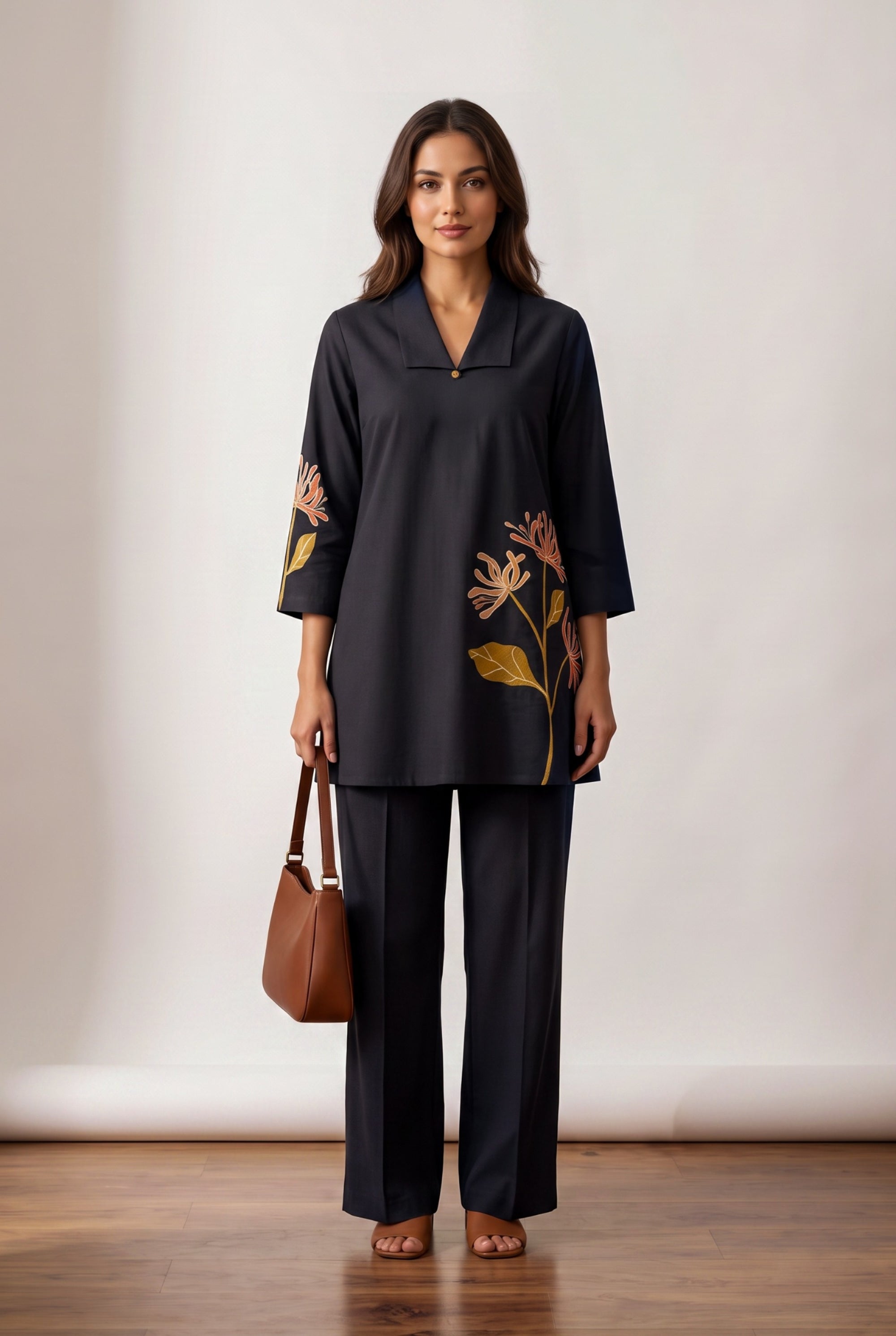 Black Floral Botanical Embroidered Cotton Flex Co-ord Set with V-Neck Lapel Collar Tunic and Straight-Fit Pants