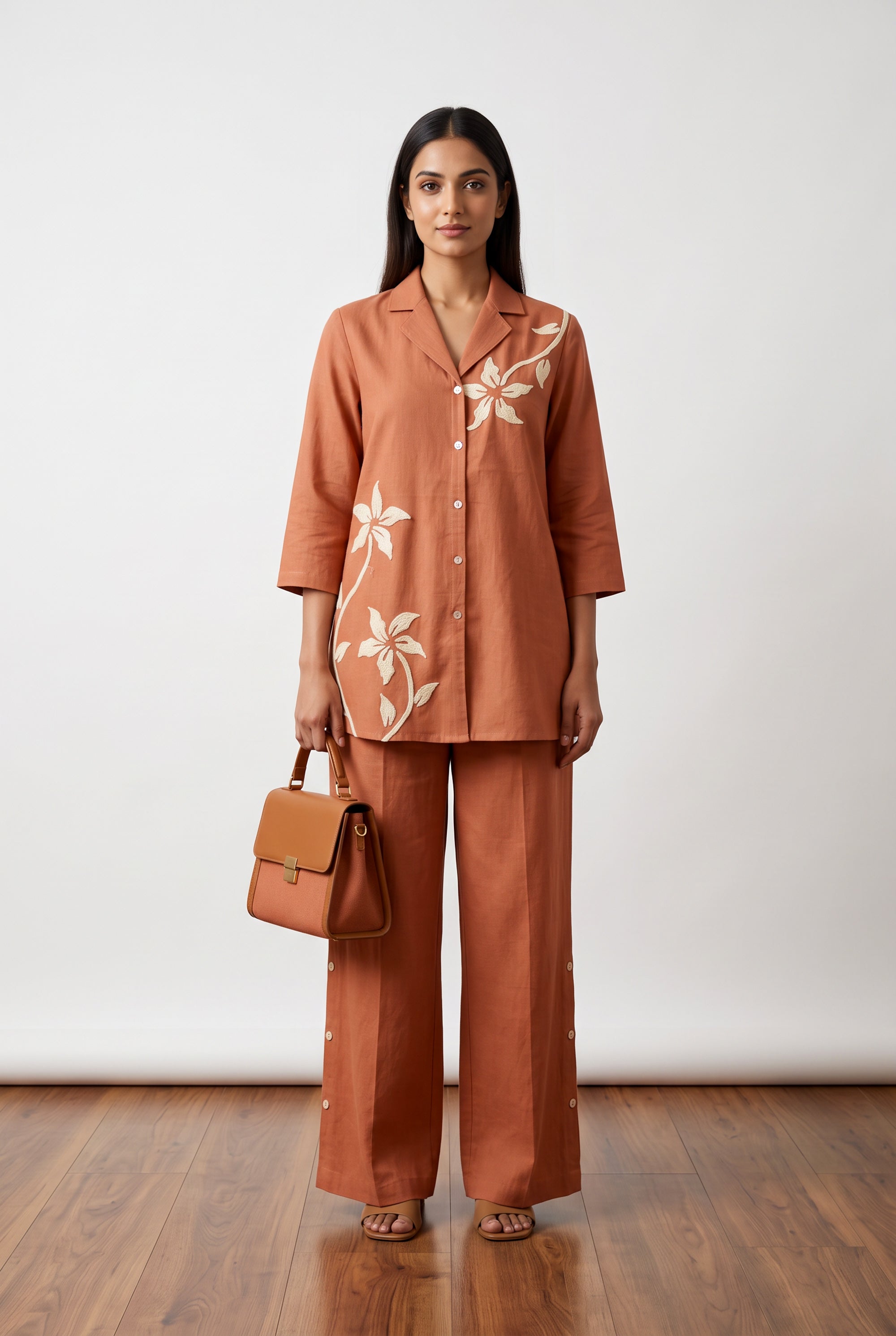 Peach Floral Embroidered Cotton Flex Co-ord Set with Collared Button-Down Shirt and Wide-Leg Palazzo Pants