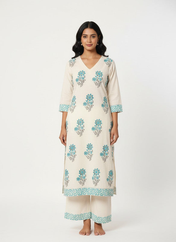 Cream & Aqua Floral Printed Straight Kurta with Palazzo Pants