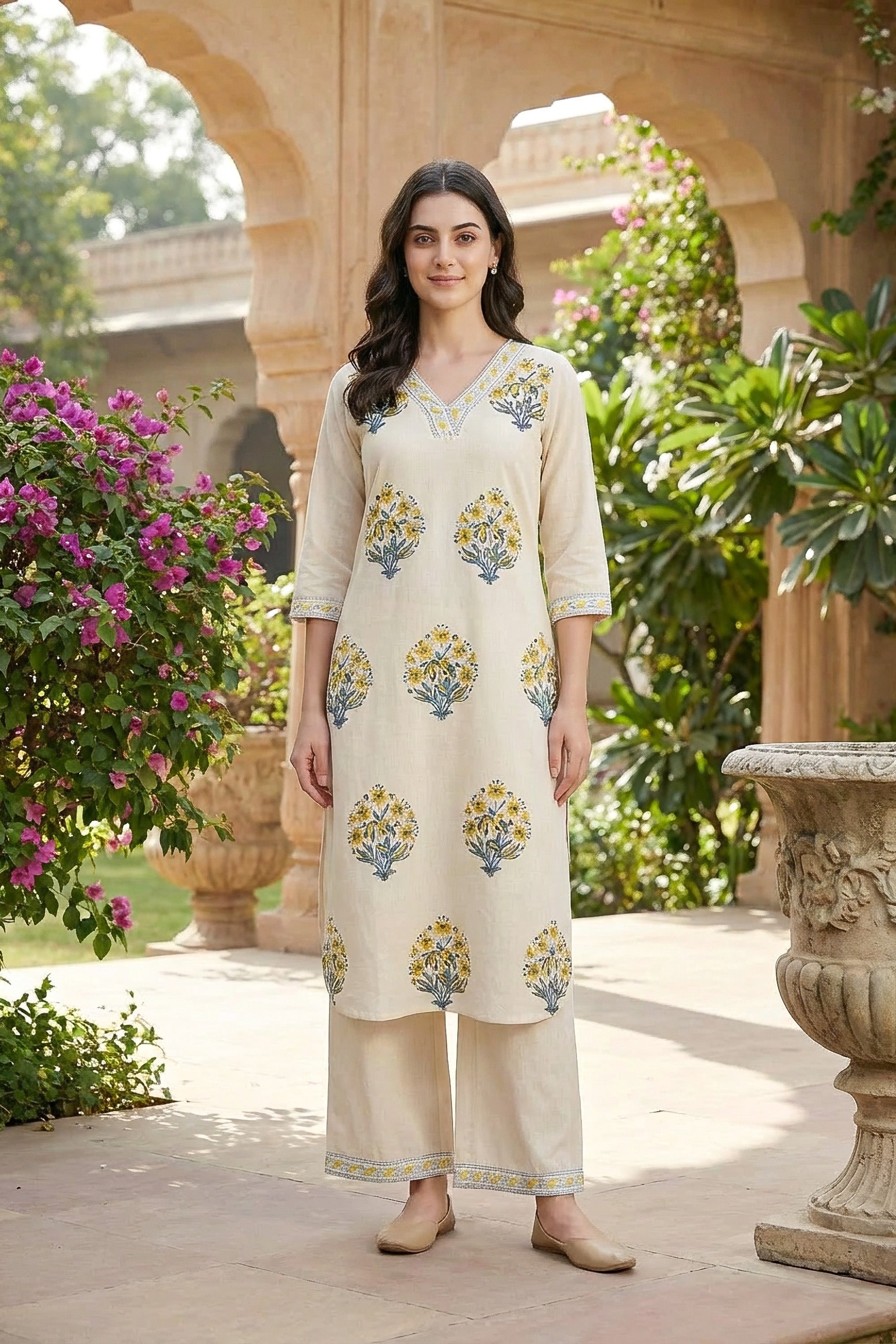 Classic Ivory & Mustard Botanical Printed Kurta Pant Set