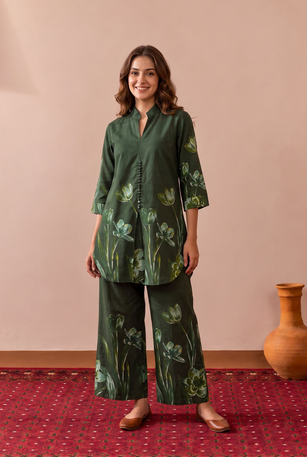 Green Whisper Floral Trail Printed Cotton Co-ord Set