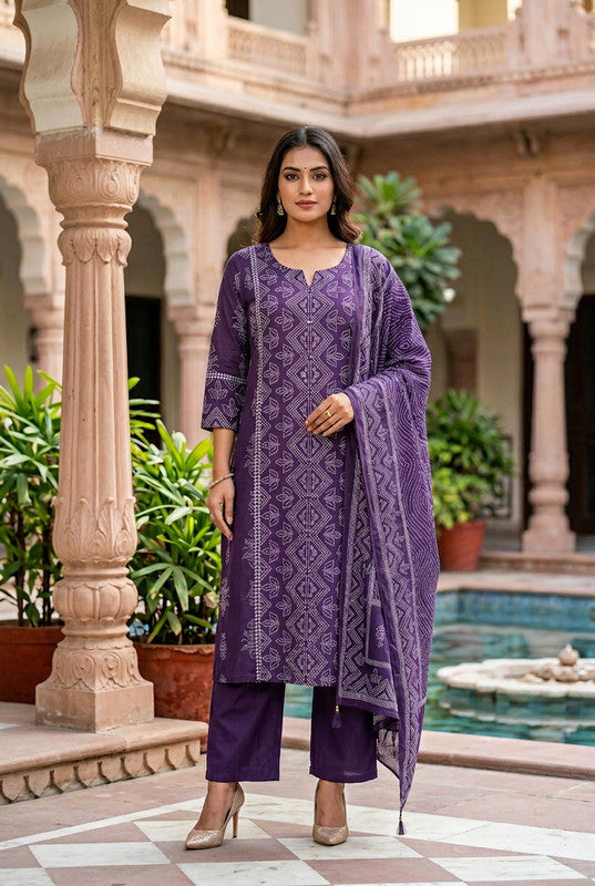 Royal Purple Heritage Printed Cotton Kurta Set with Dupatta
