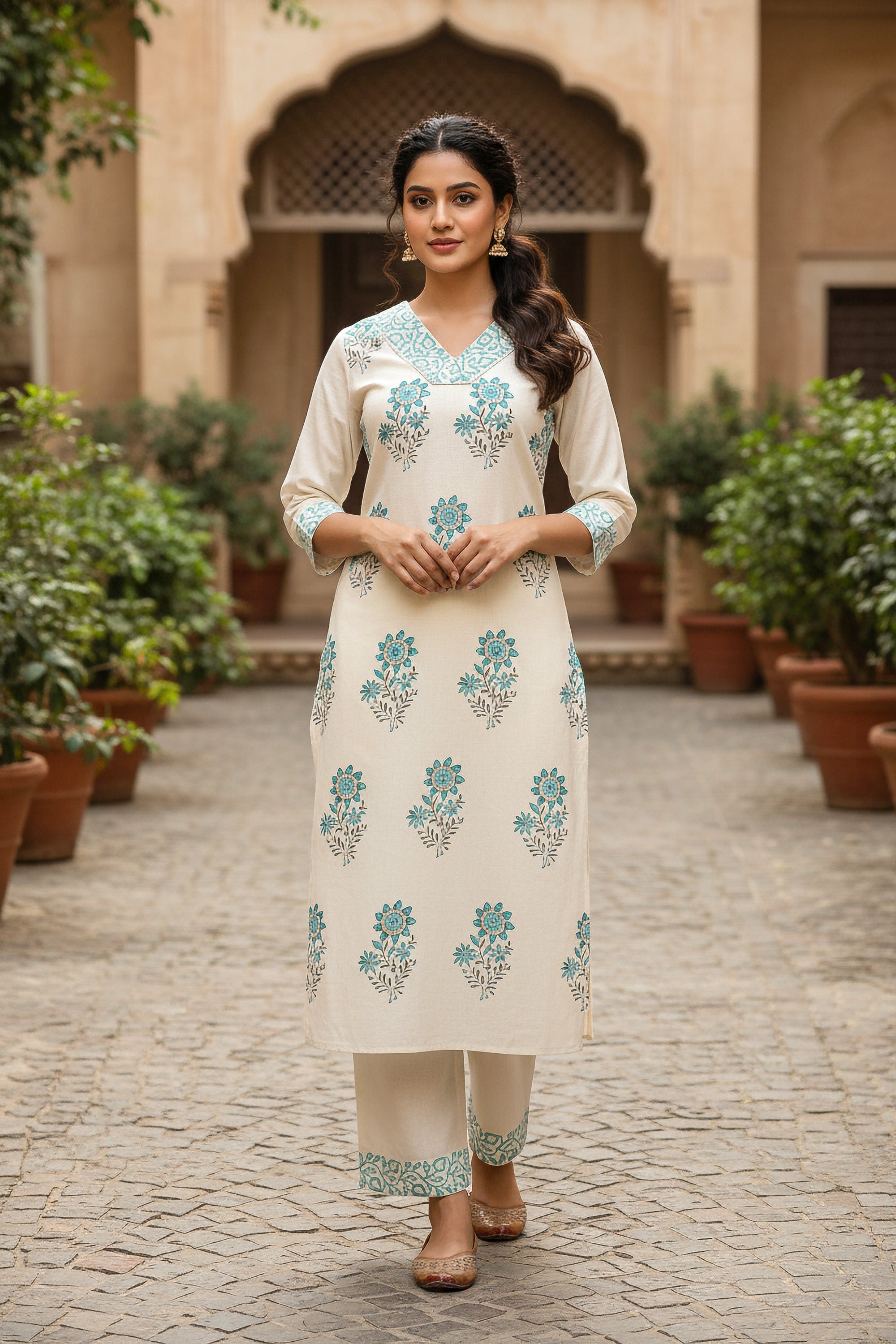 Cream & Aqua Floral Printed Straight Kurta with Palazzo Pants