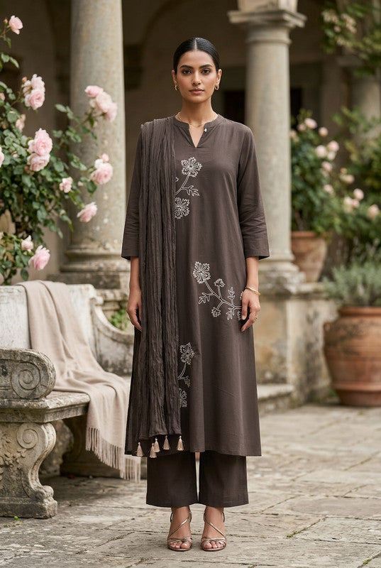 Brown Floral Embroidered Ethnic Cotton Kurta Pant with Matching Dupatta
