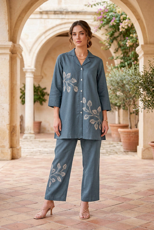 Slate Grey Floral Embroidered Cotton Co-ord Set with Shirt Collar