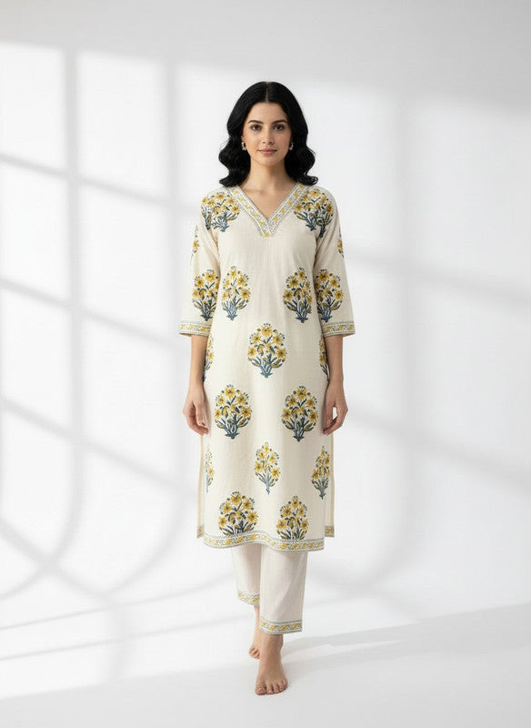 Classic Ivory & Mustard Botanical Printed Kurta Pant Set