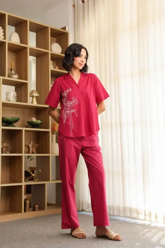 Pink Rosette Charm Embroidered Cotton Co-ord Set