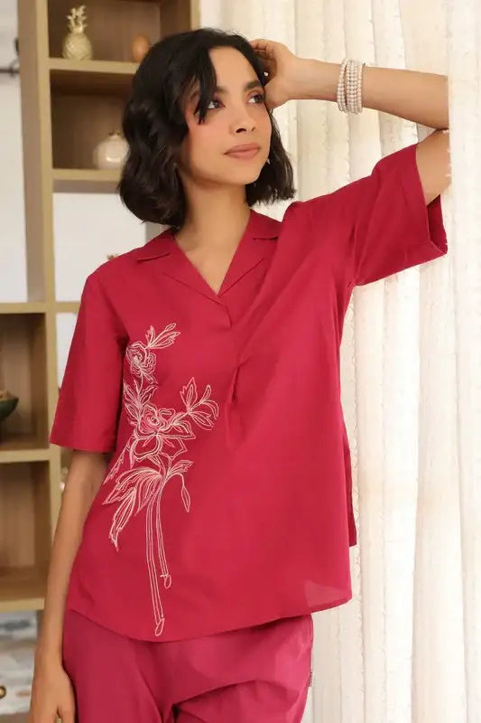 Pink Rosette Charm Embroidered Cotton Co-ord Set