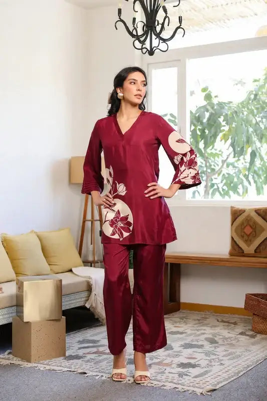 Scarlet Wine Russian Silk Co-ord Set