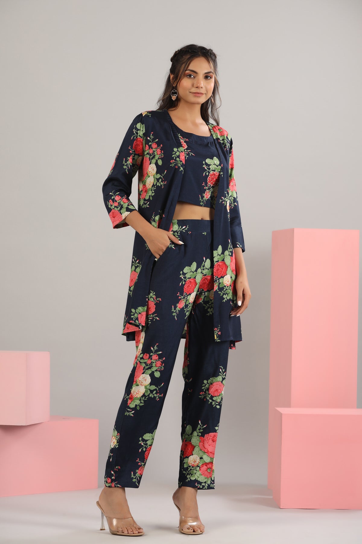 Floral Bouquet on Blue Cotton Three Piece set