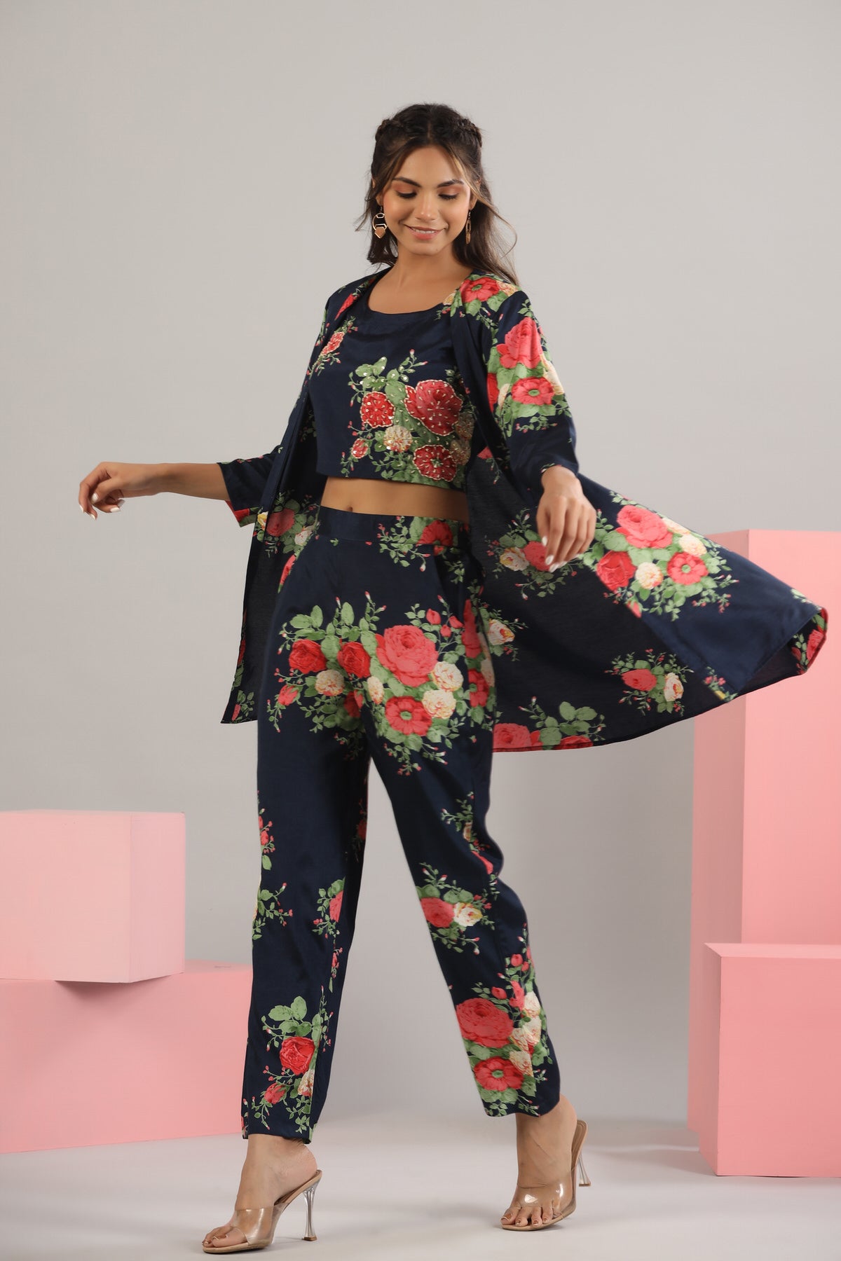 Floral Bouquet on Blue Cotton Three Piece set