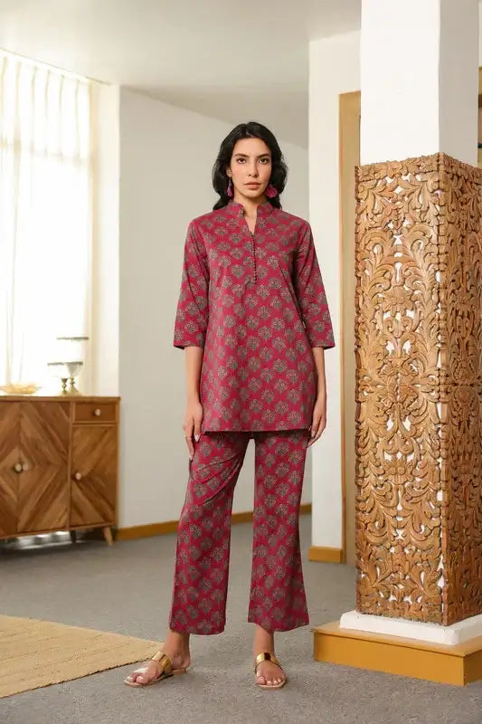 Aloha Mora on Maroon Cotton Co-ord Set