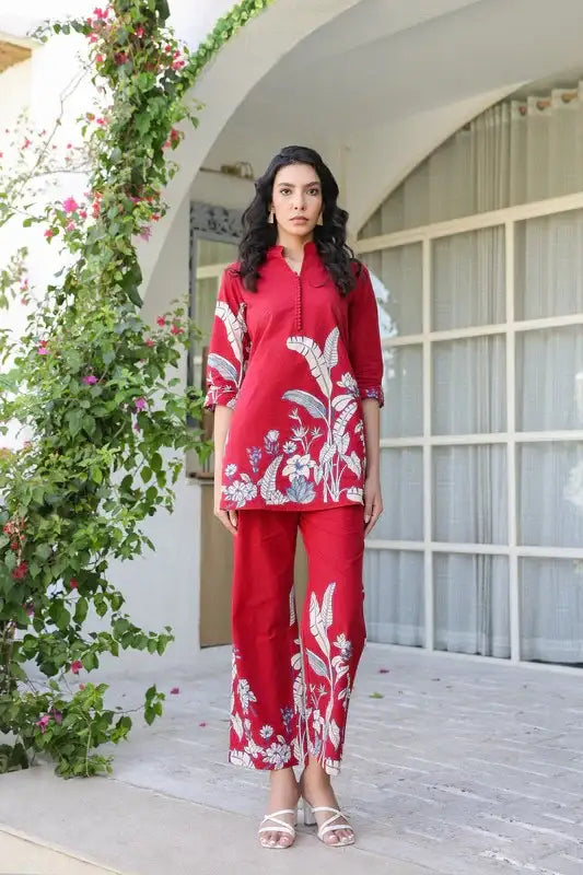 Scarlet Maple Maroon Leaf Cotton Co-ord Set