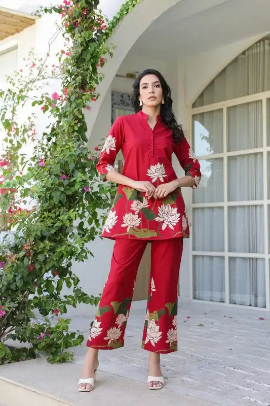 Crimson Red Lotus Cotton Co-ord Set