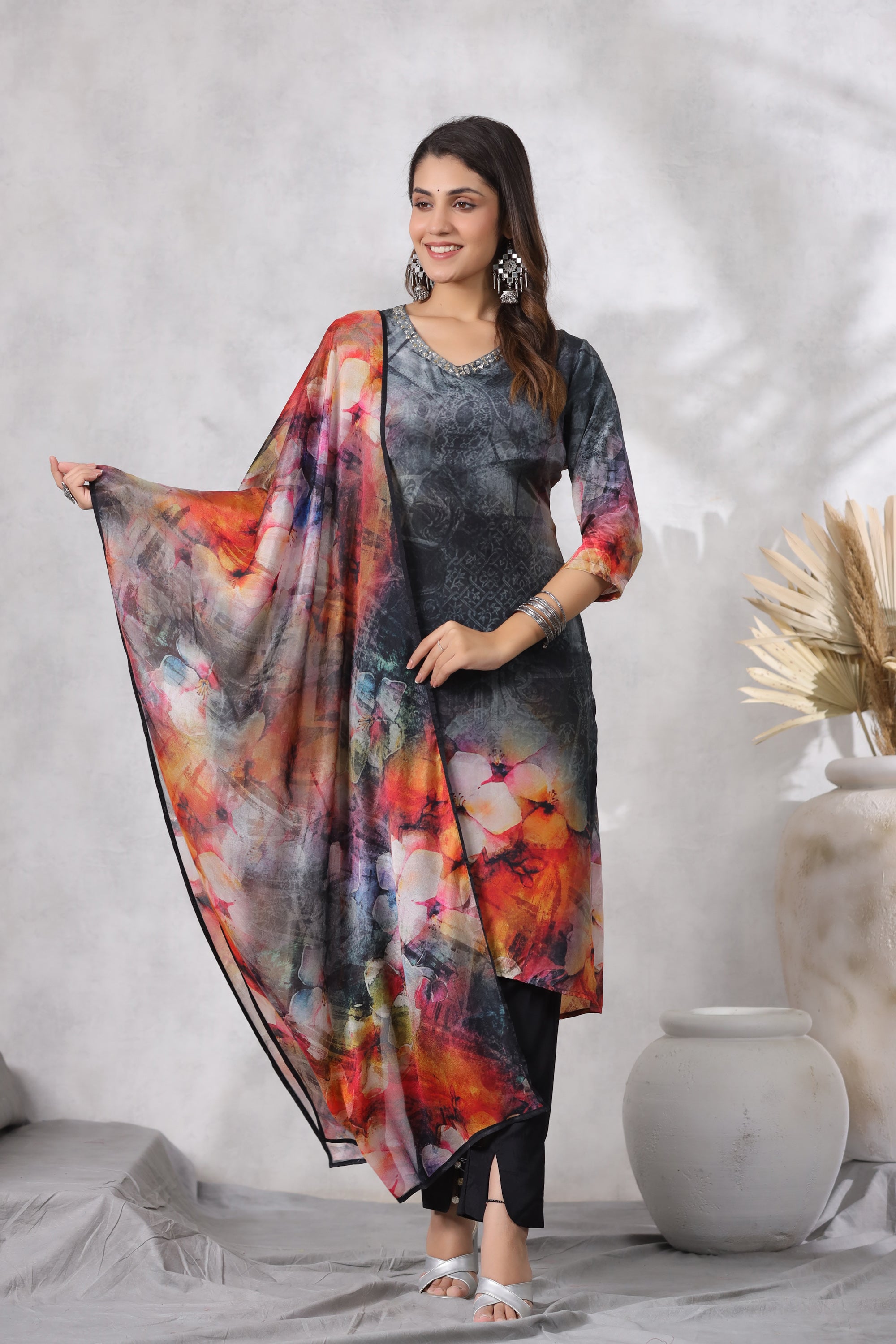 Black Digital Printed Russian Silk Straight Kurta Pant Set with Dupatta