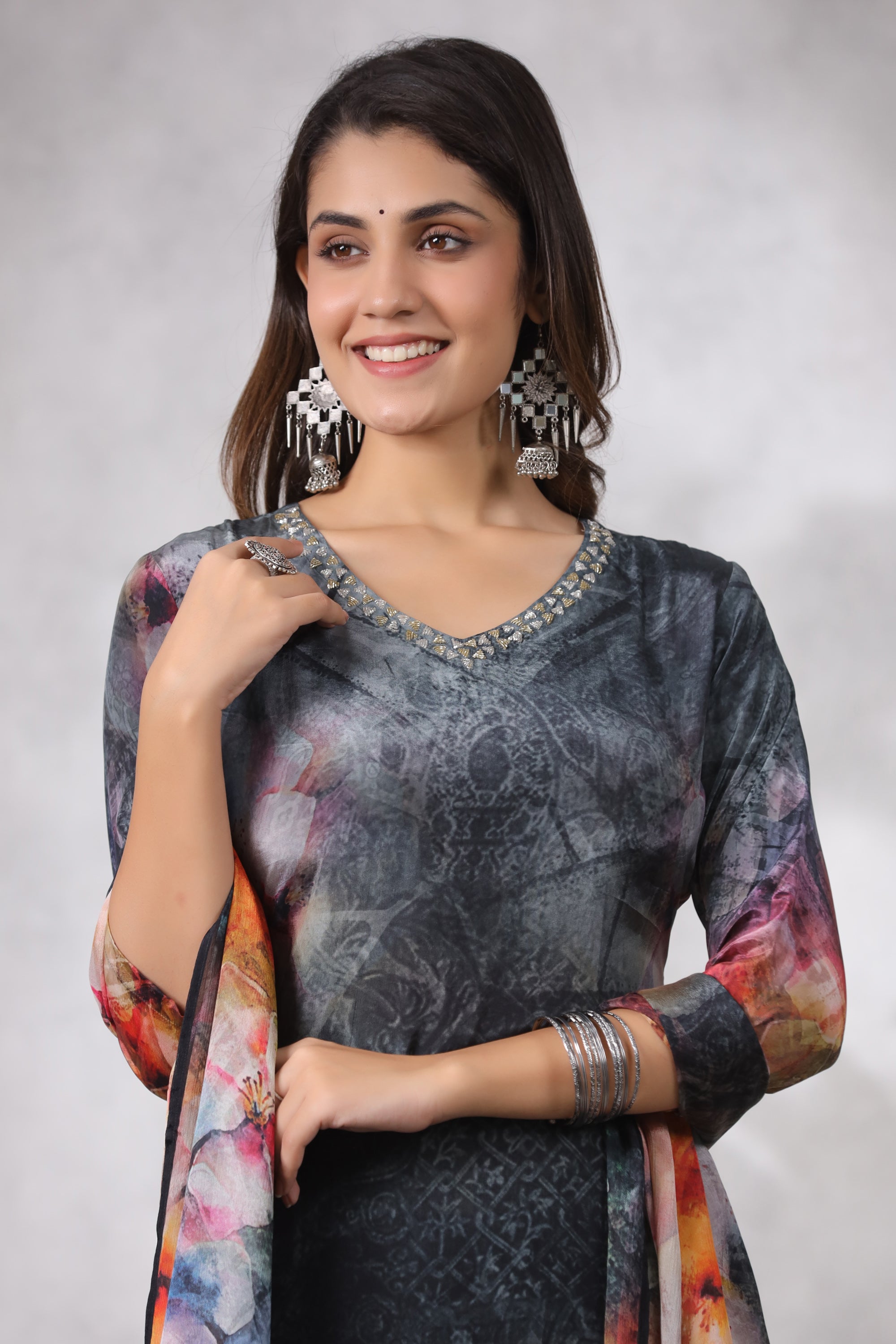 Black Digital Printed Russian Silk Straight Kurta Pant Set with Dupatta