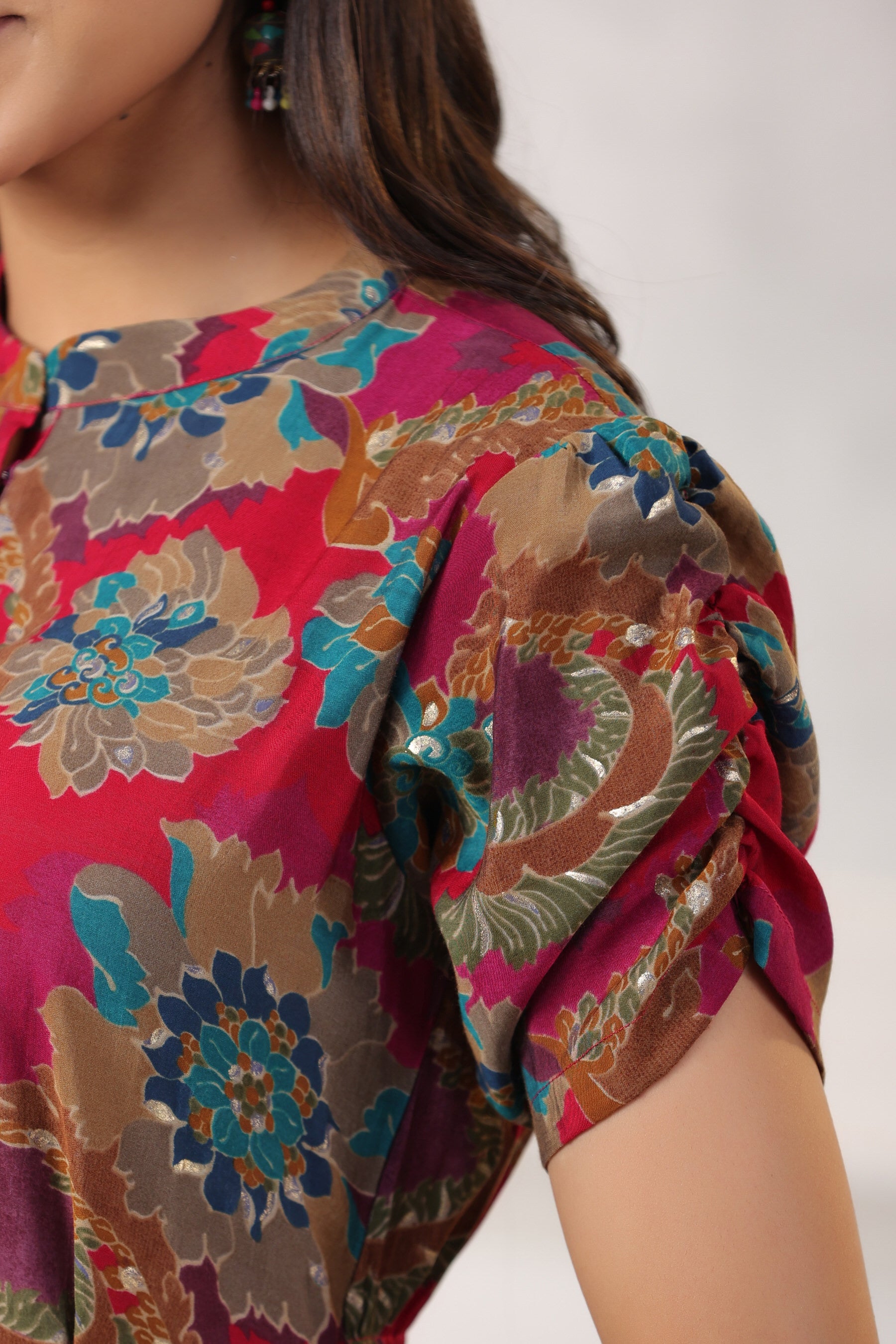 Red Floral Print on Russian Silk Midi Dress