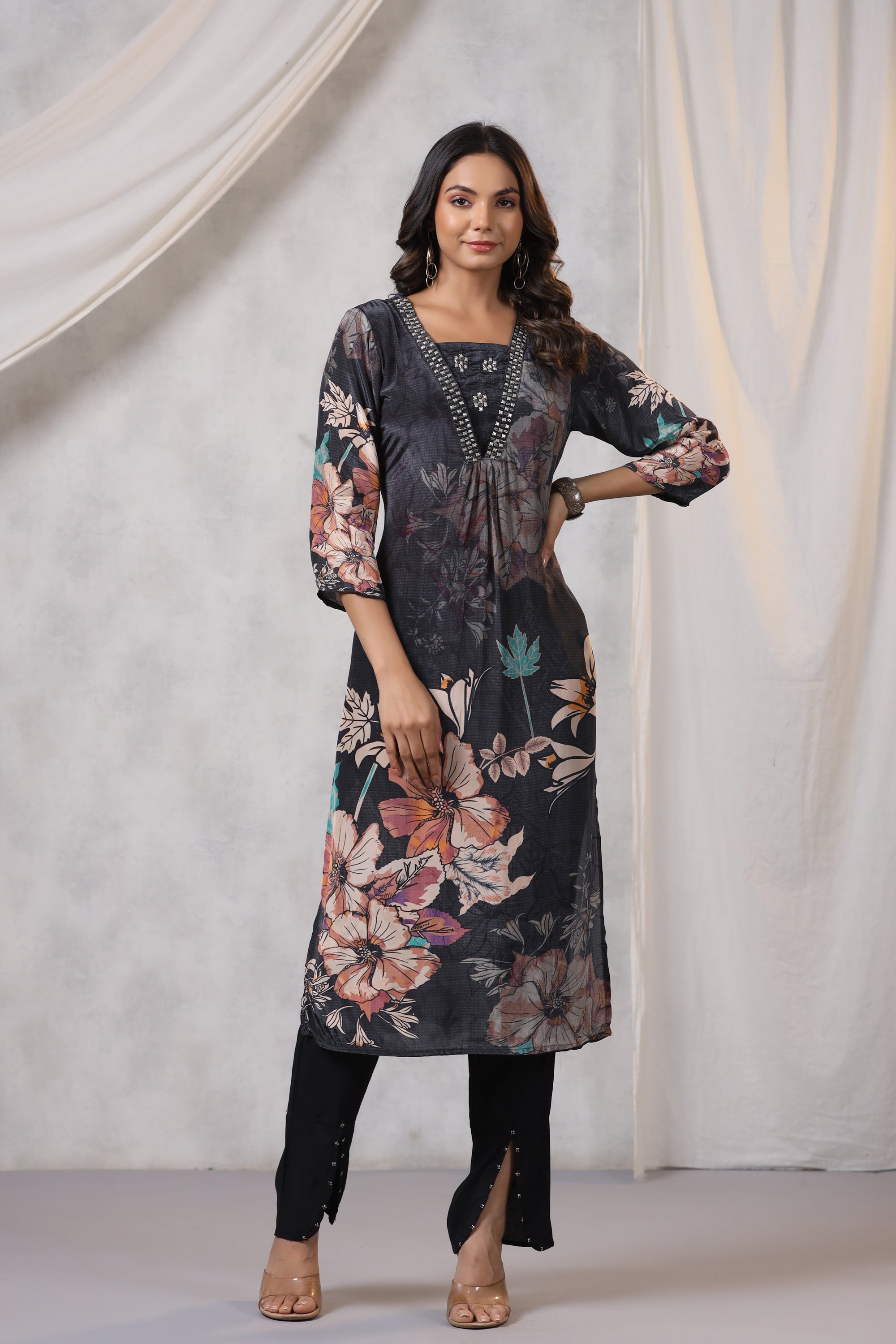 Black Sheer Floral Printed Russian Silk Kurta Pant Set with Dupatta