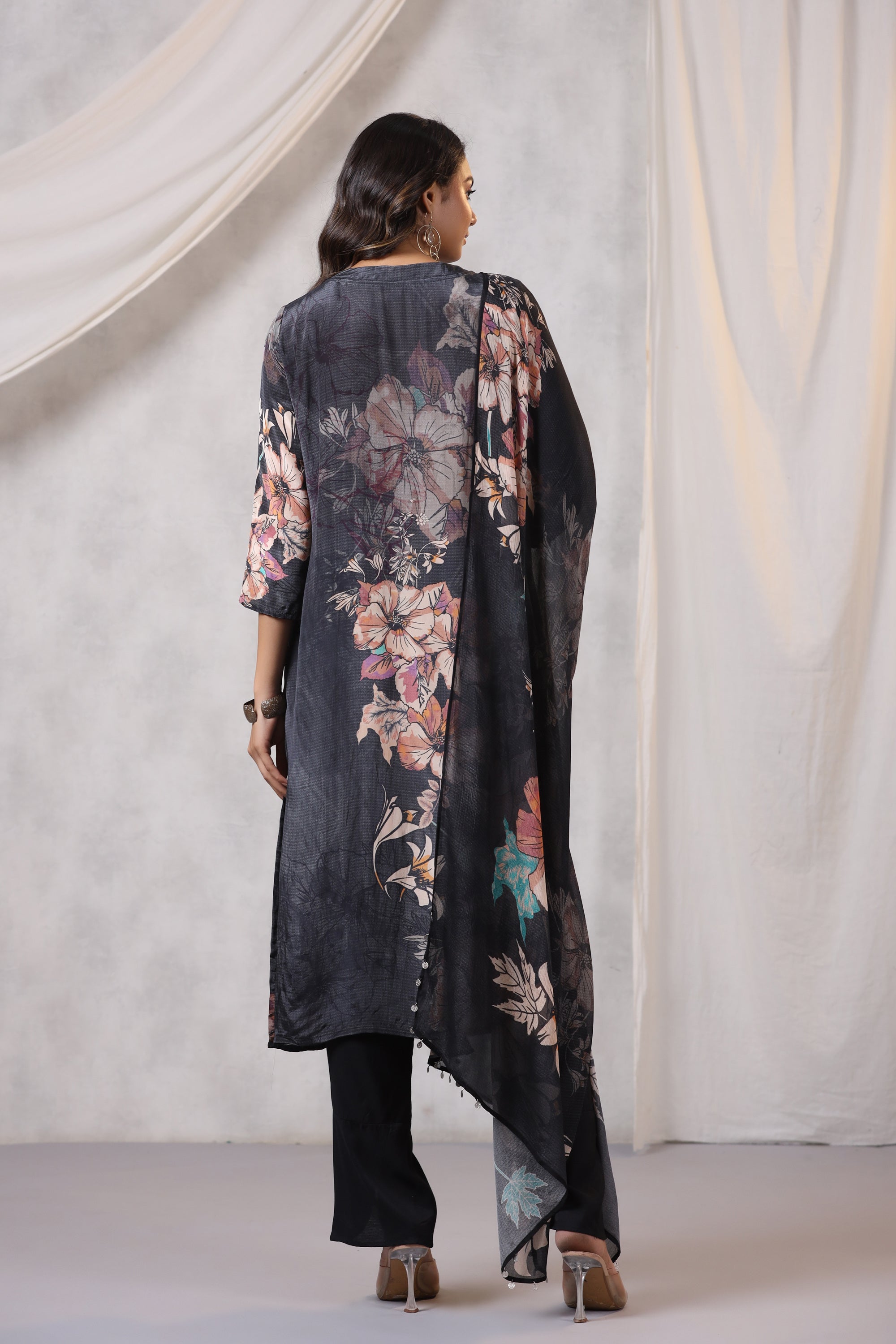 Black Sheer Floral Printed Russian Silk Kurta Pant Set with Dupatta