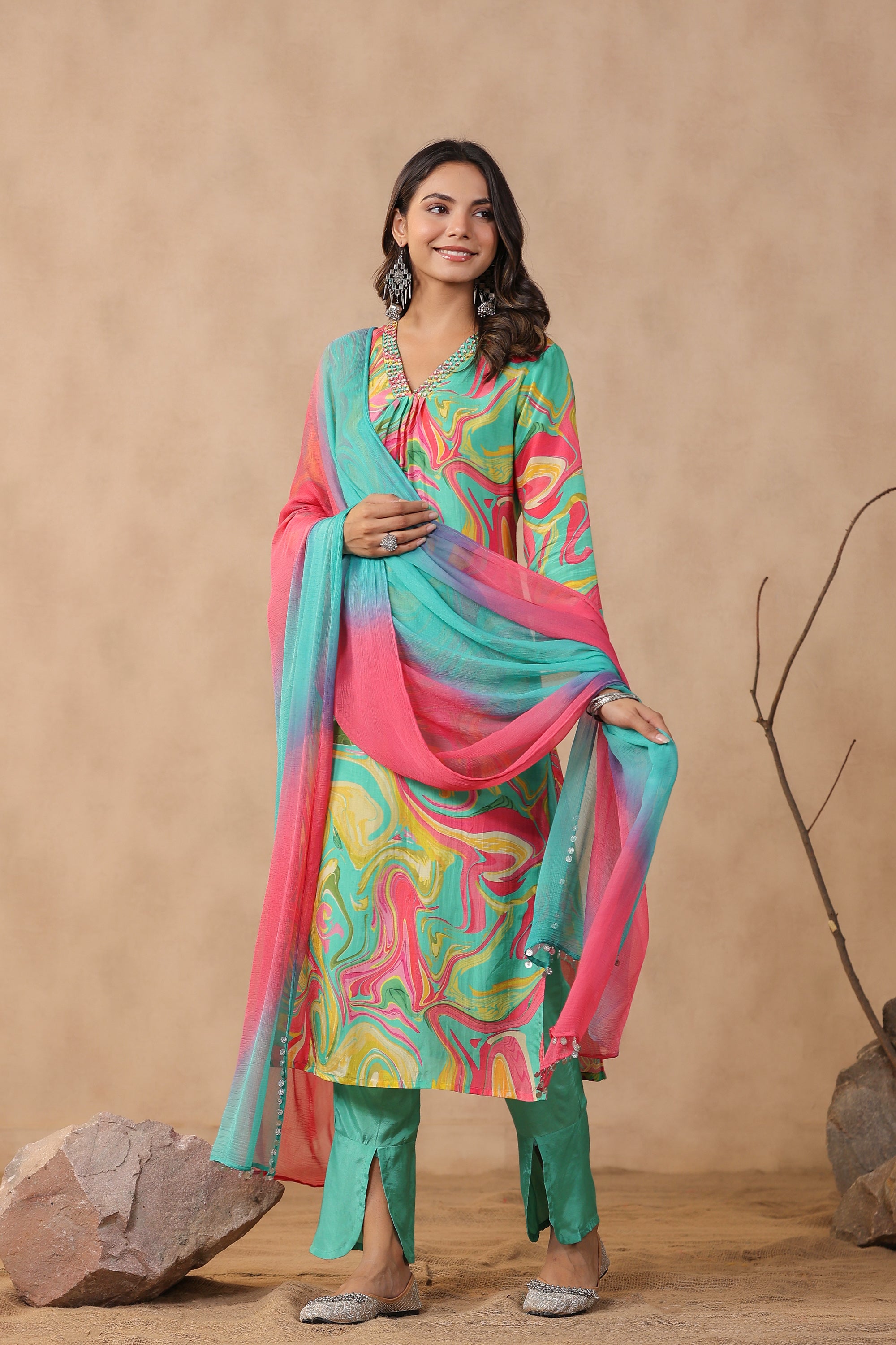 Multicolour Designer Marble Printed Russian Silk Kurta Pant Set with Dupatta