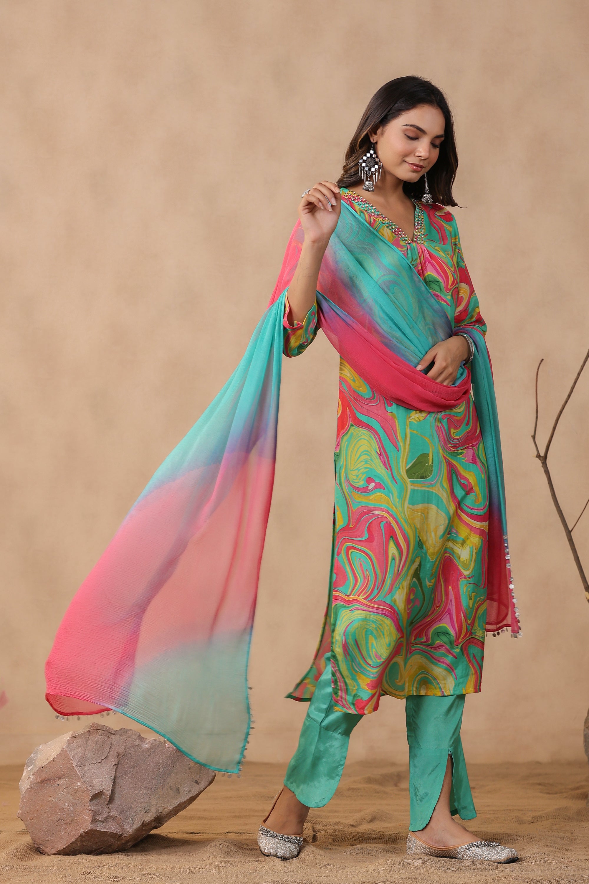 Multicolour Designer Marble Printed Russian Silk Kurta Pant Set with Dupatta