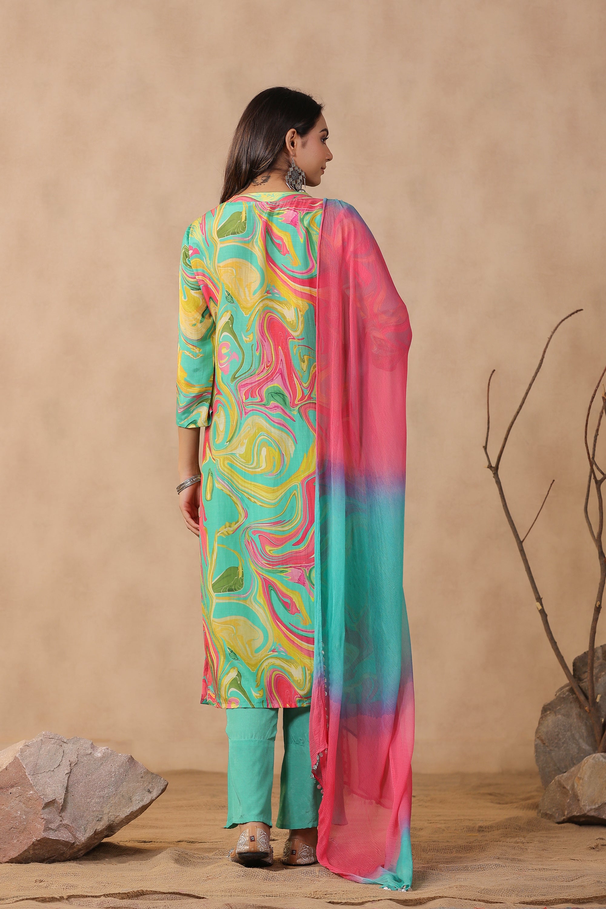 Multicolour Designer Marble Printed Russian Silk Kurta Pant Set with Dupatta