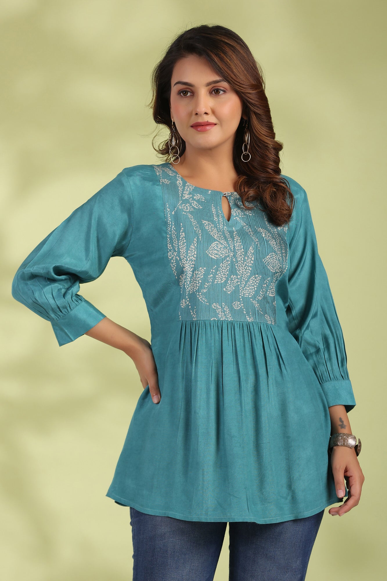 Teal Floral Elegance Cotton Dobby Top