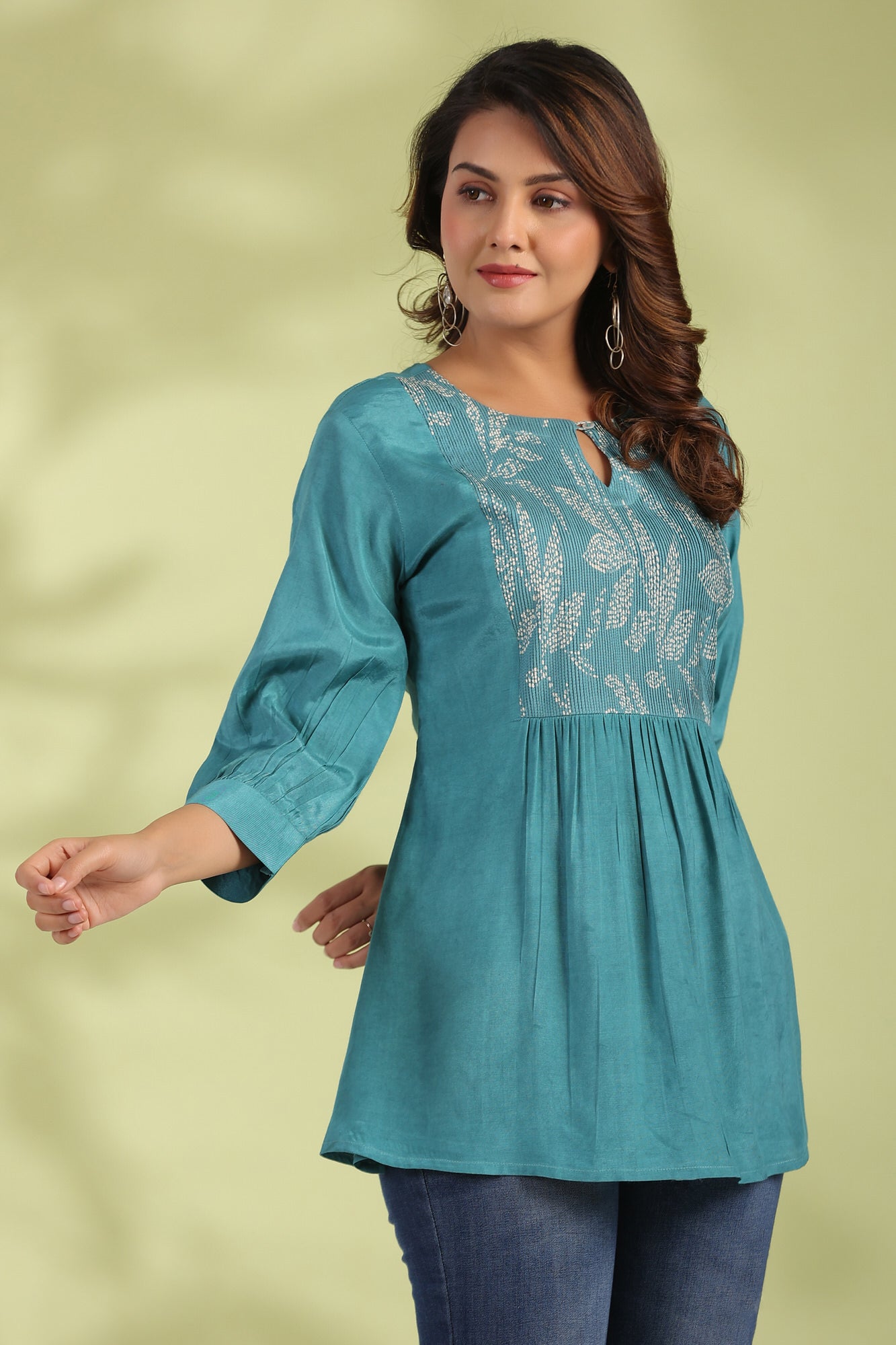Teal Floral Elegance Cotton Dobby Top
