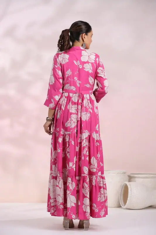 Rose Pink Floral Maxi Russian Silk Dress
