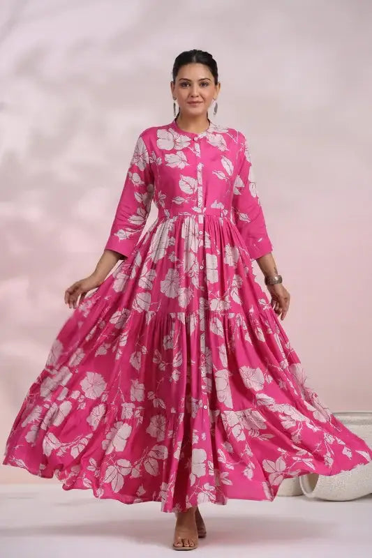 Rose Pink Floral Maxi Russian Silk Dress