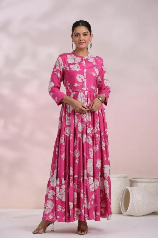 Rose Pink Floral Maxi Russian Silk Dress