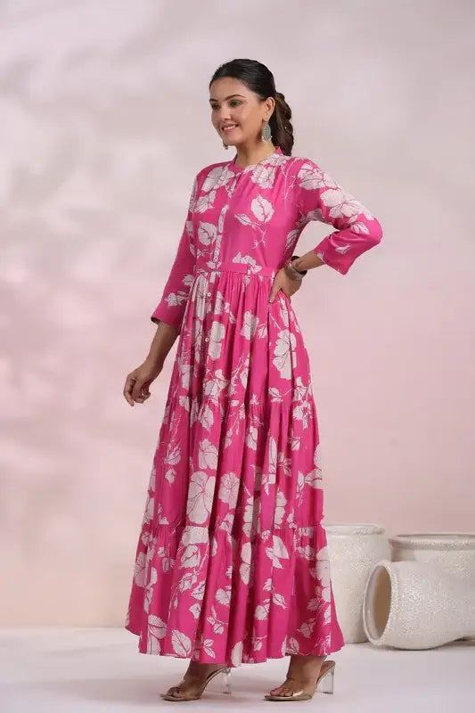 Rose Pink Floral Maxi Russian Silk Dress