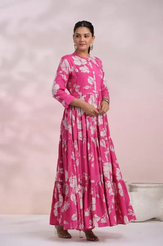 Rose Pink Floral Maxi Russian Silk Dress
