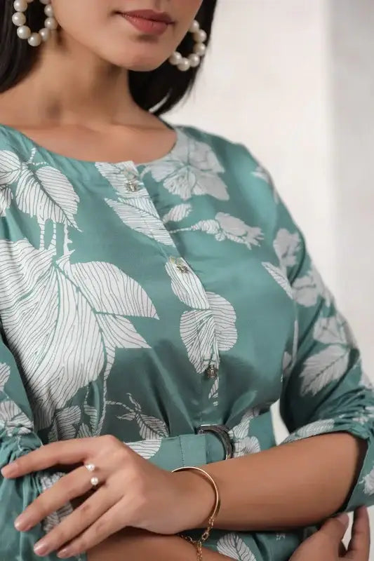 Chic Pista Green Floral Printed Russian Silk Dress