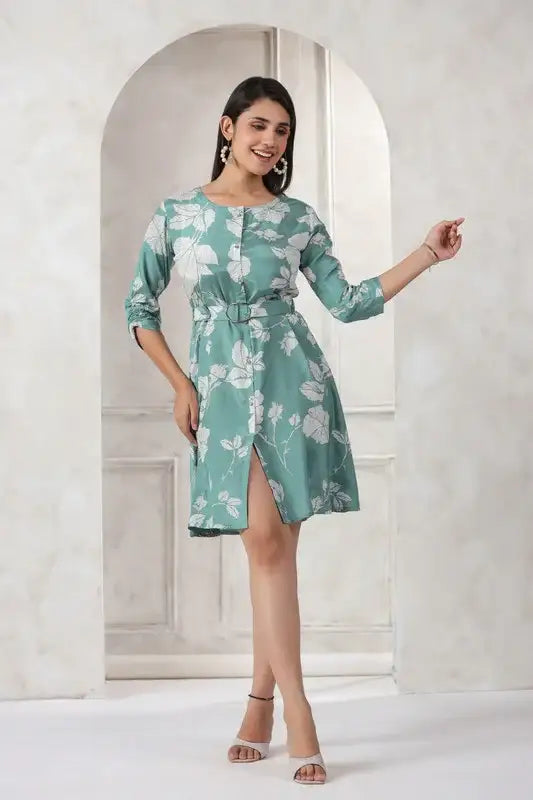 Chic Pista Green Floral Printed Russian Silk Dress