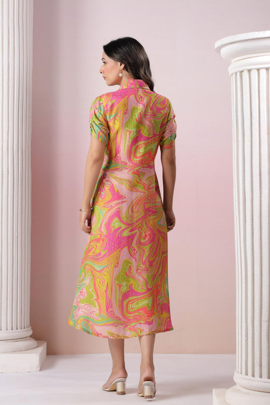Multicolour Abstract Marble Printed Russian Silk Shirt Dress