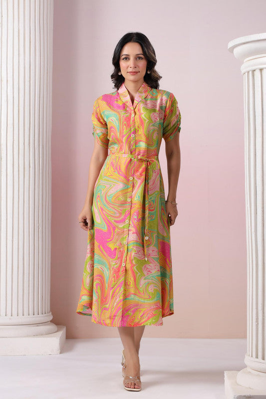 Multicolour Abstract Marble Printed Russian Silk Shirt Dress
