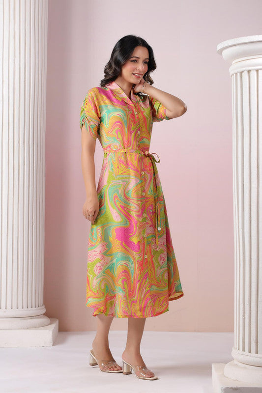 Multicolour Abstract Marble Printed Russian Silk Shirt Dress