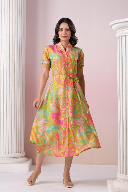Multicolour Abstract Marble Printed Russian Silk Shirt Dress