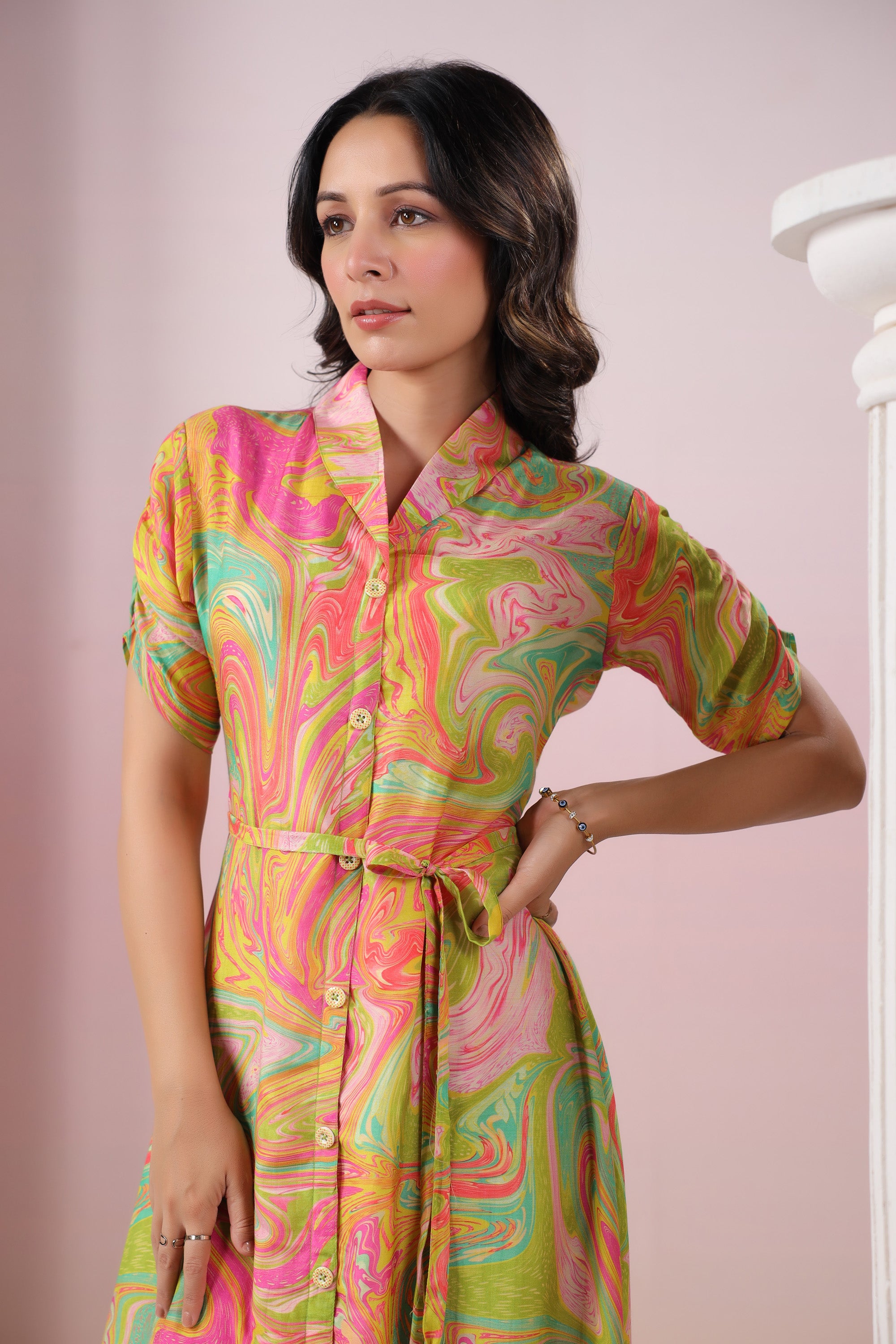 Multicolour Abstract Marble Printed Russian Silk Shirt Dress