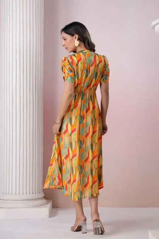 Abstract Bloom Button Russain Silk Dress
