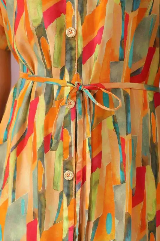 Abstract Bloom Button Russain Silk Dress