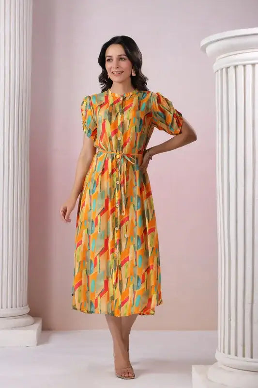 Abstract Bloom Button Russain Silk Dress