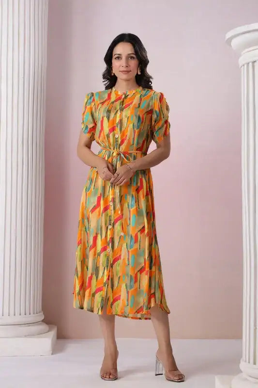 Abstract Bloom Button Russain Silk Dress
