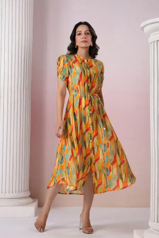 Abstract Bloom Button Russain Silk Dress