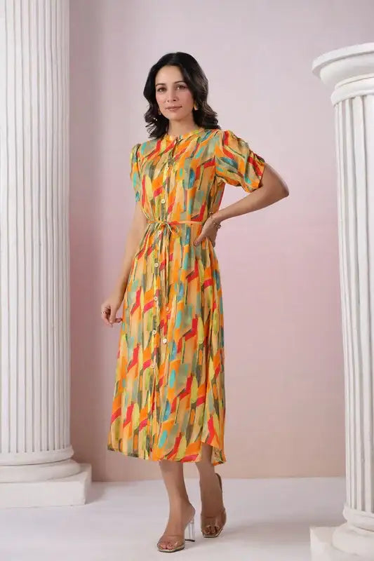 Abstract Bloom Button Russain Silk Dress