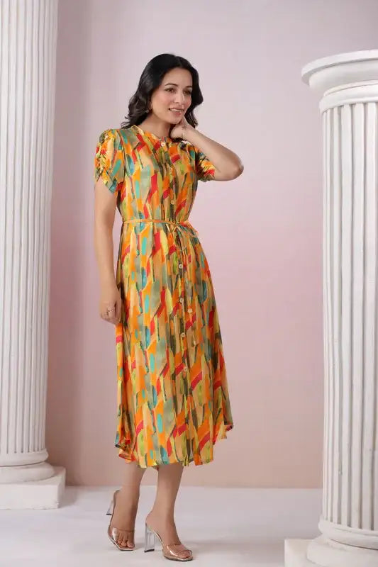 Abstract Bloom Button Russain Silk Dress